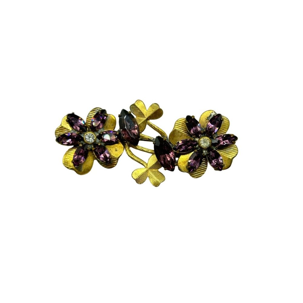 Antique Brooch Purple Rhinestones Flowers Clovers Leaf Pin Older Vintage Jewelry